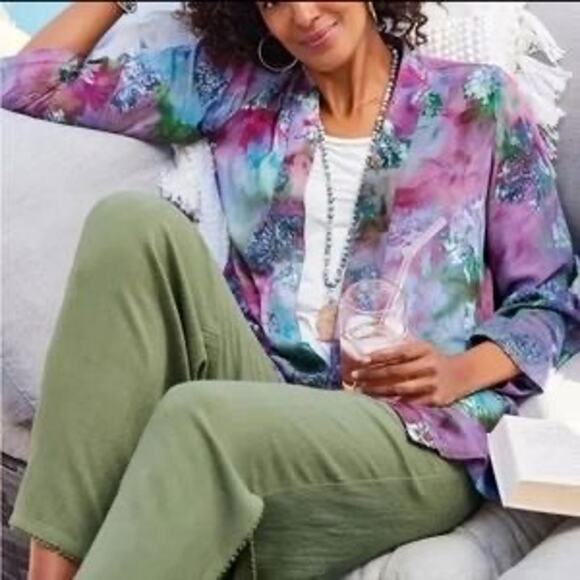 Soft Surroundings Tops - Soft Surroundings Green&Purple Tie Dye Floral Open Front Cardigan Kimono Sz.XL